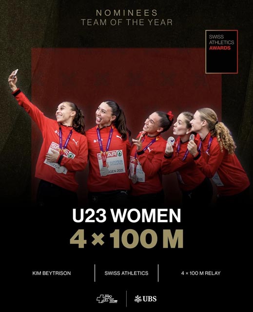 Swiss Athletics Award (Quelle Swiss Athletics): Nominiert als Team des Jahres: Das 4×100m U23-Staffelteam mit Fabienne Hoenke (ganz rechts).